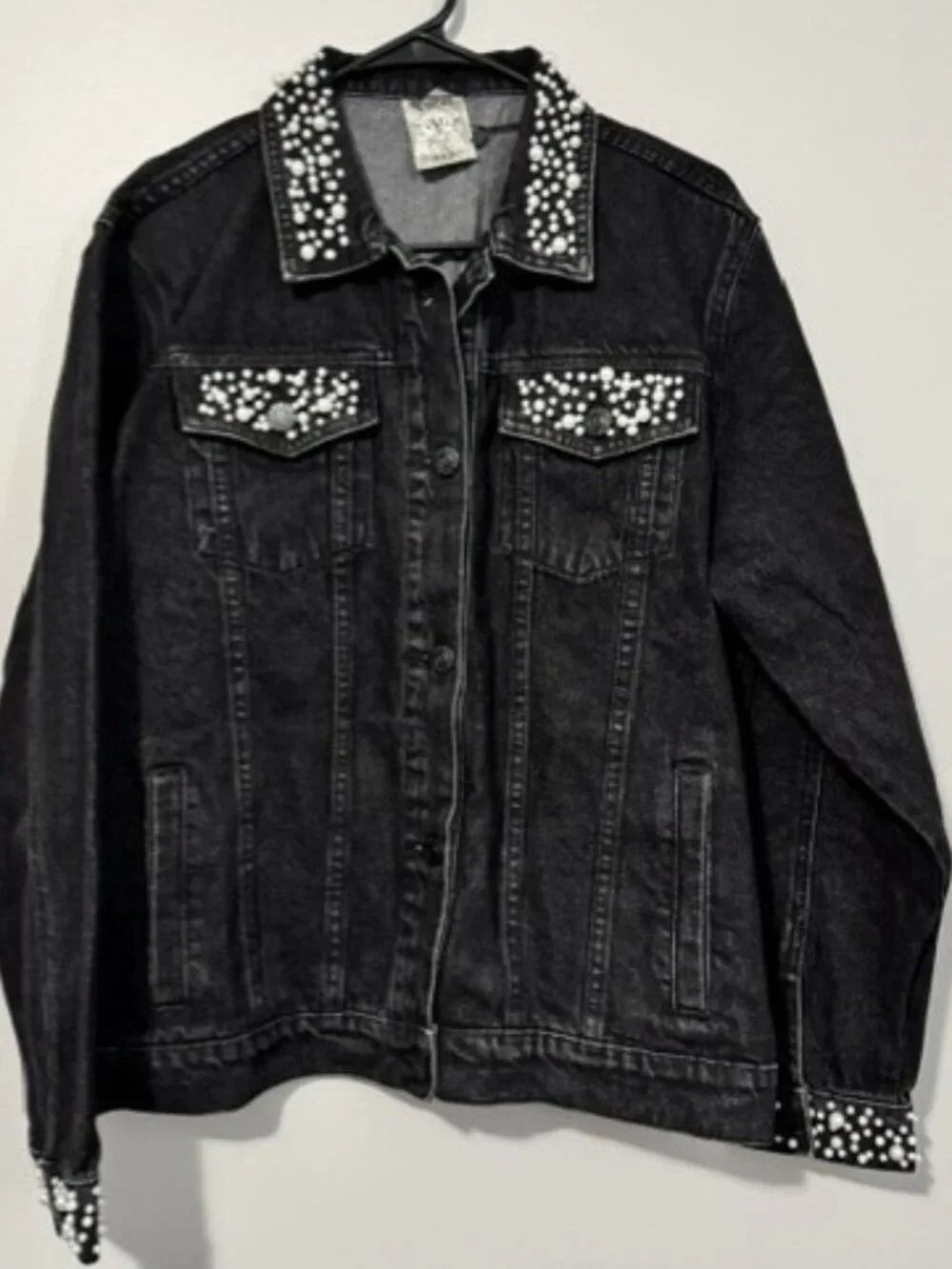 Woman's Vocal Button Down Jean Jacket w Pearl Embellishments Color Black Sz L